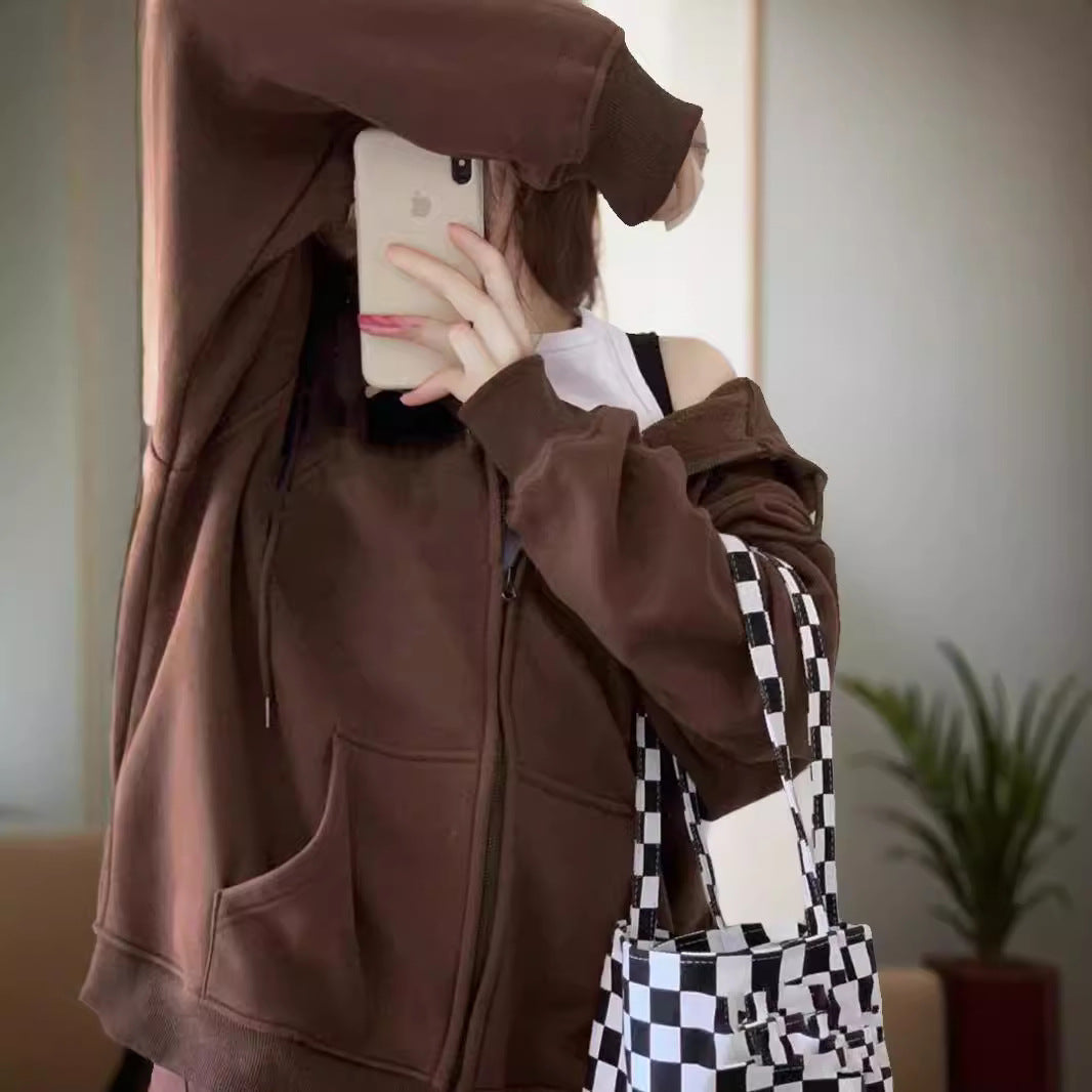 Women’s dark brown zip-up hoodie with hood, kangaroo pocket, and ribbed cuffs