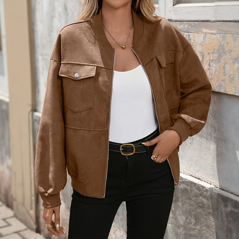 Oversized brown bomber jacket with zip front, flap chest pockets, long sleeves