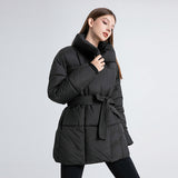 Women's tailored quilted puffer coat in black, belted waist and high shawl collar