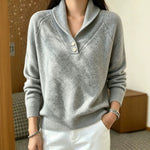Women’s gray button-front V-neck long-sleeve sweater with ribbed cuffs and hem.