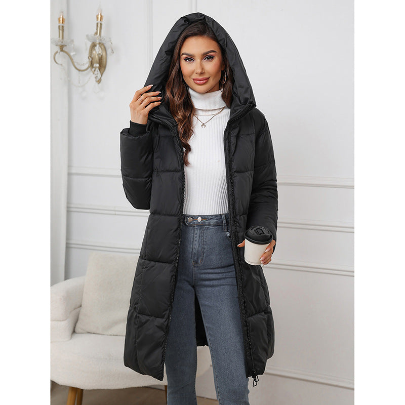 Black hooded long puffer parka with two-way zipper and side pockets