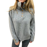 Heather grey long-sleeve knit pullover with front buttons and stand collar detail