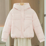 Women’s short quilted hooded jacket in pale pink with hidden front zipper and chest pocket