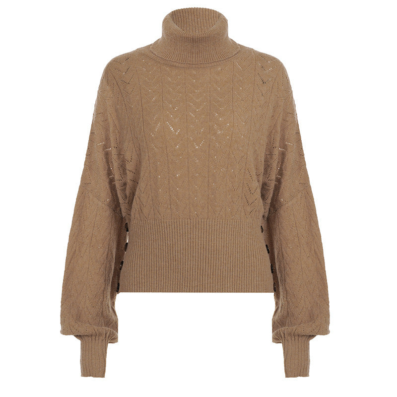 Khaki cropped knit turtleneck pullover with cable pattern, long puff sleeves, back view