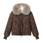 Brown short puffer pilot jacket with faux fur collar and front drawstring waist.