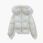 Women's short quilted blouson with removable hood, white, faux-fur trim, zip front