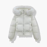 Women's short quilted blouson with removable hood, white, faux-fur trim, zip front