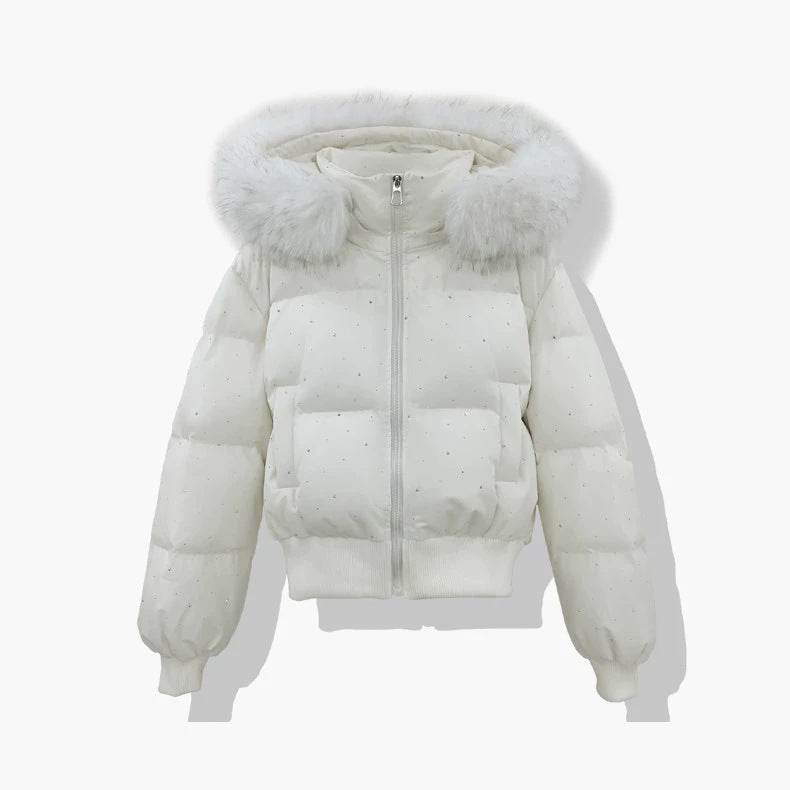 Women's short quilted blouson with removable hood, white, faux-fur trim, zip front
