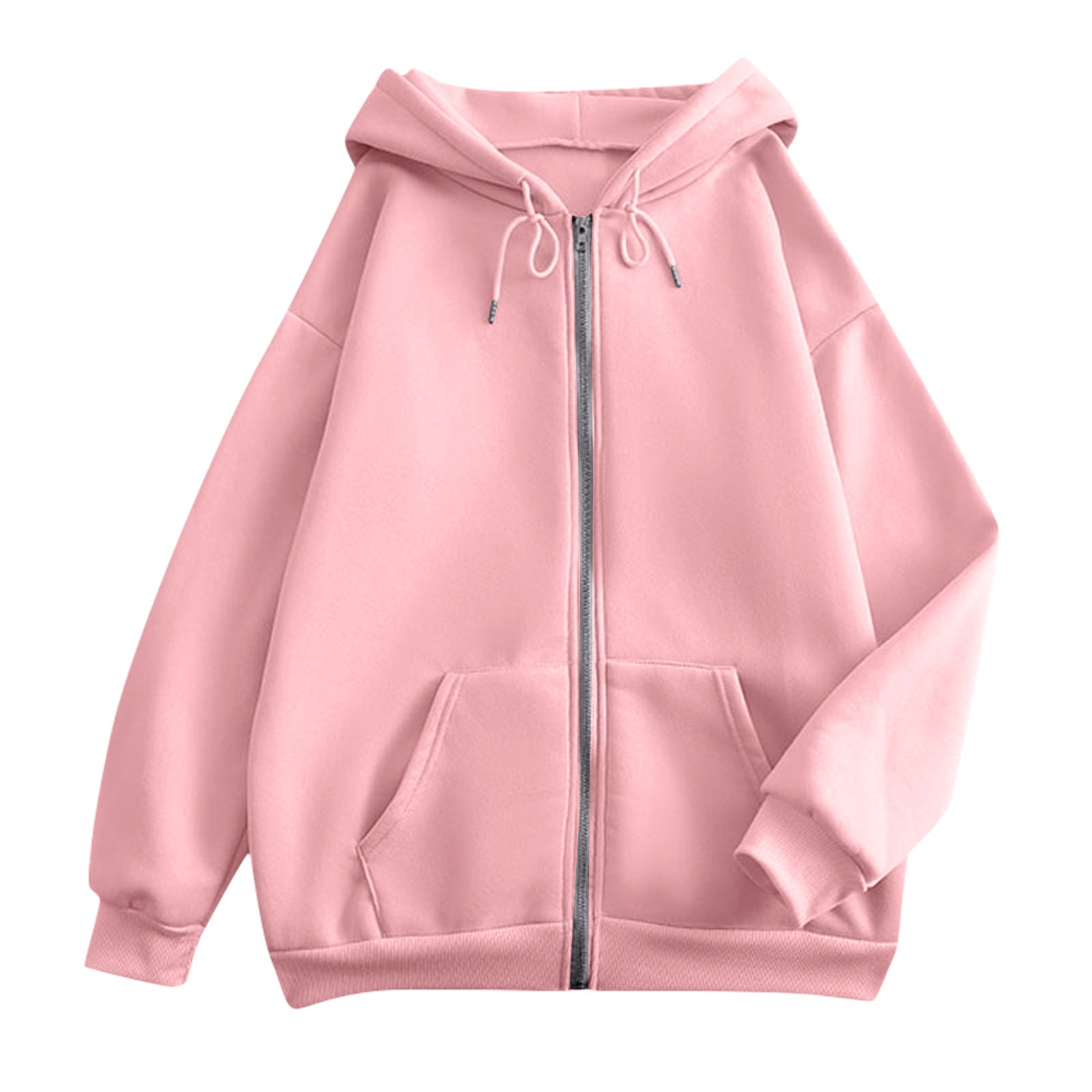 Pink zip-up hooded jacket with kangaroo pocket, zipper front, and ribbed cuffs