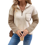 Fleece quarter-zip pullover with chest pocket, cream and tan long sleeves