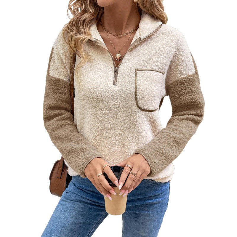 Fleece quarter-zip pullover with chest pocket, cream and tan long sleeves