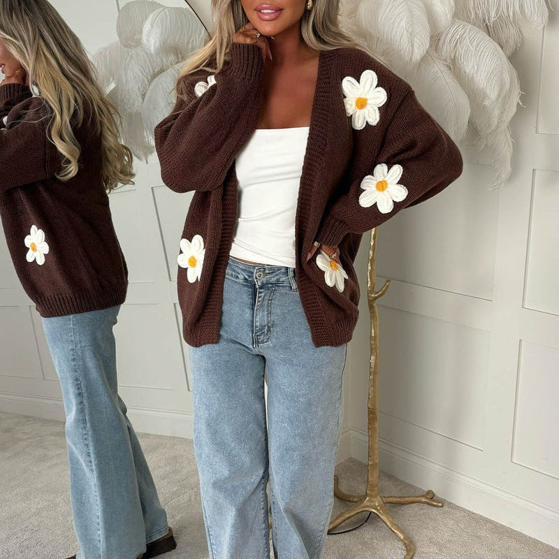 Women's oversized brown long-sleeve cardigan with daisy appliqués