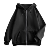 Black zip-up hooded jacket with kangaroo pocket and drawstring hood