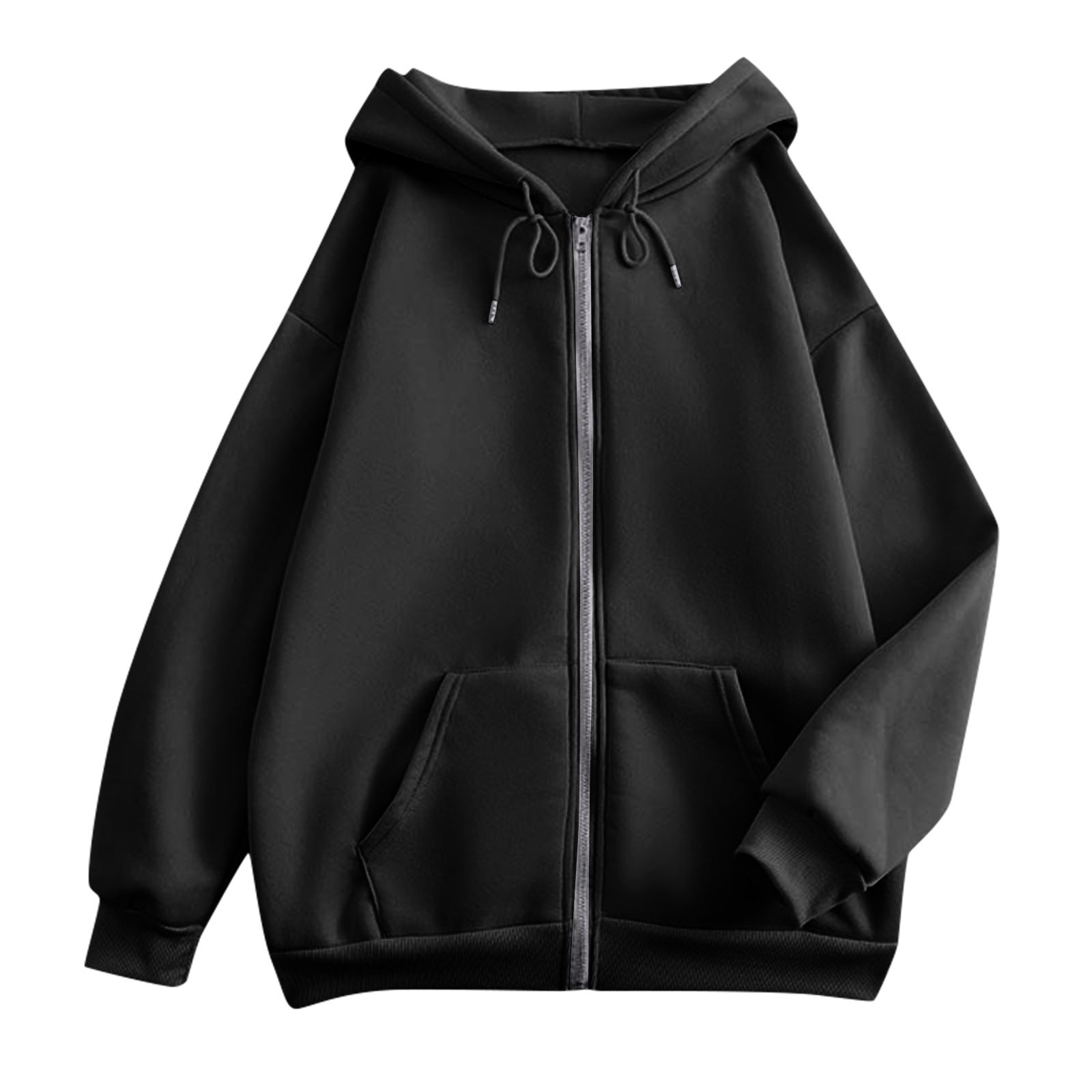 Black zip-up hooded jacket with kangaroo pocket and drawstring hood