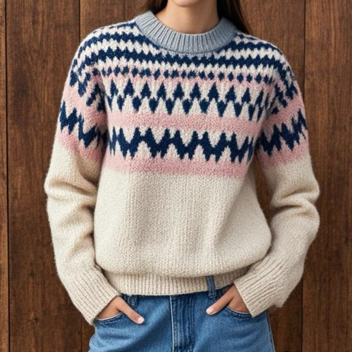 Monika crew-neck knit sweater with fair isle blue, cream, and pink yoke and sleeves