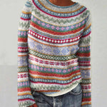 Retro knit sweater, light gray with colorful fair-isle stripes and ribbed neckline