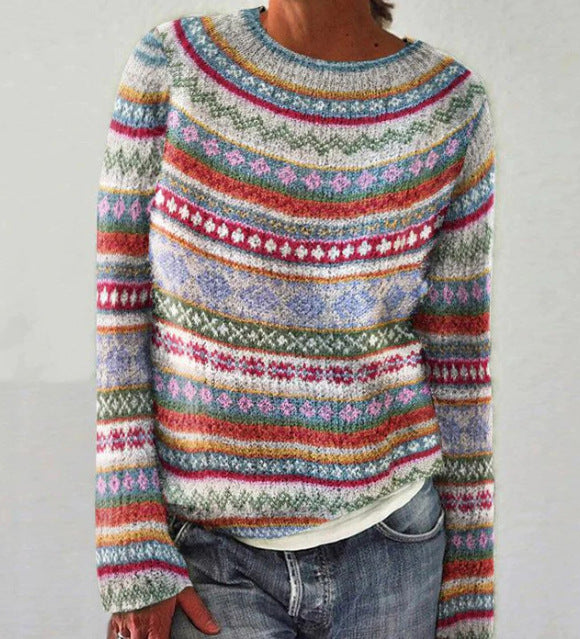 Retro knit sweater, light gray with colorful fair-isle stripes and ribbed neckline