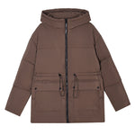 Women’s mid-length thermal parka in dark brown with hood, front zipper, and pockets