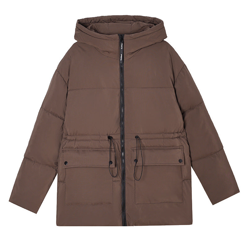 Women’s mid-length thermal parka in dark brown with hood, front zipper, and pockets