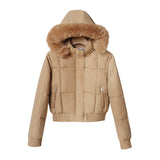 Short padded hooded jacket with faux fur trim, light tan