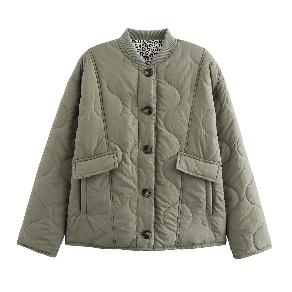 Quilted button-front jacket with pockets and round neckline, olive green