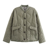 Quilted button-front jacket with pockets and round neckline, olive green