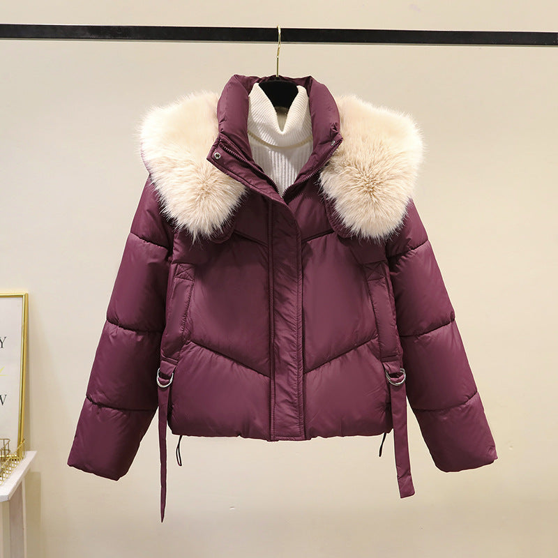 Women's short quilted puffer jacket with faux fur collar, purple, front zipper