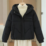 Women’s short quilted hooded jacket in black with hidden front zipper and chest pocket