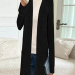 Longline rib-knit cardigan, long sleeves, open front, side pockets, black