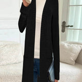 Longline rib-knit cardigan, long sleeves, open front, side pockets, black