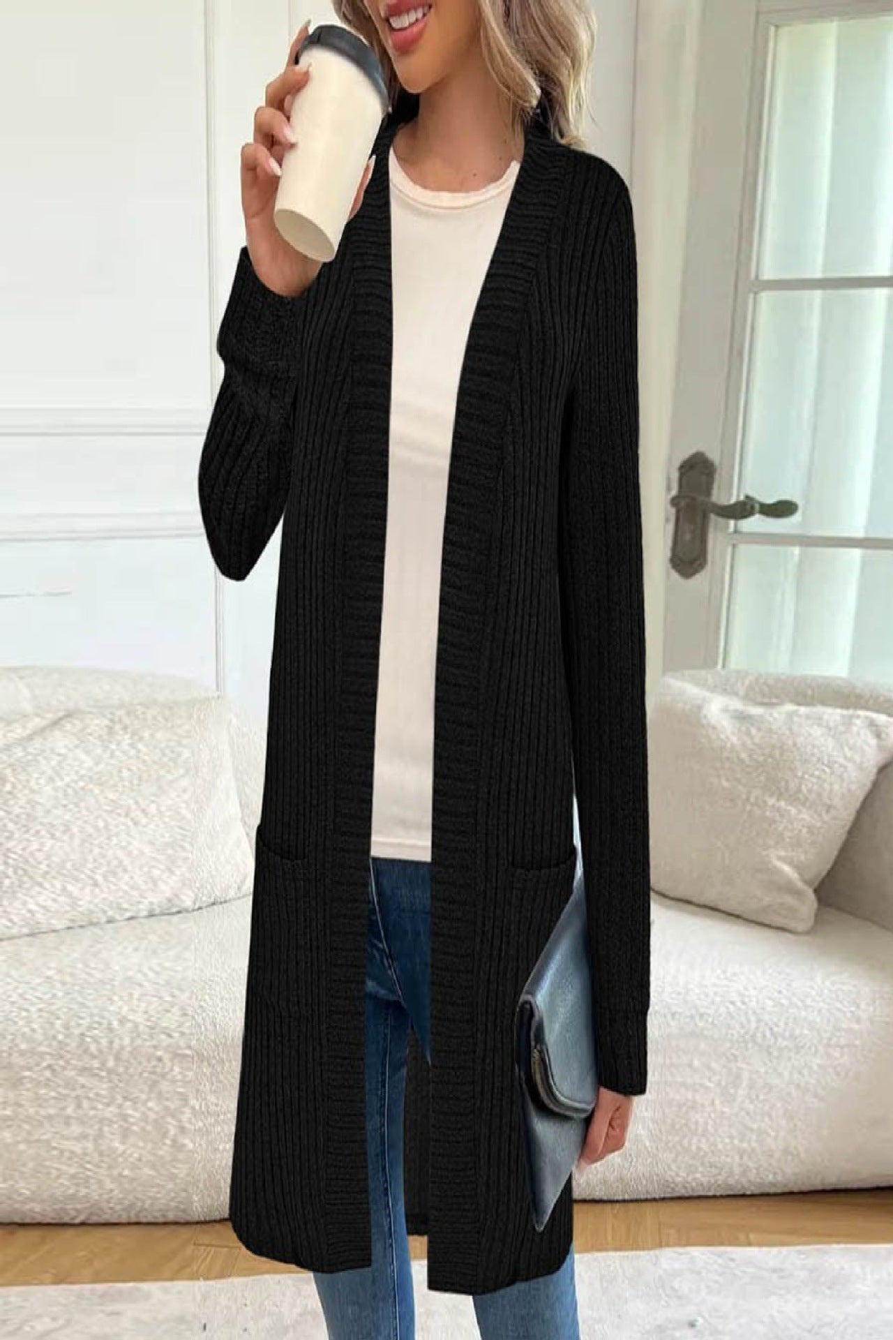 Longline rib-knit cardigan, long sleeves, open front, side pockets, black