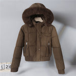 Short padded hooded jacket with faux fur trim, dark brown