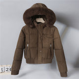 Short padded hooded jacket with faux fur trim, dark brown