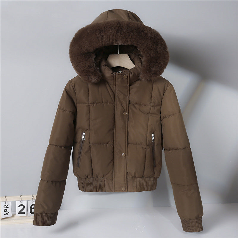 Short padded hooded jacket with faux fur trim, dark brown
