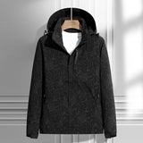 Black leaf-print hooded rain & wind jacket, zip-front raincoat style