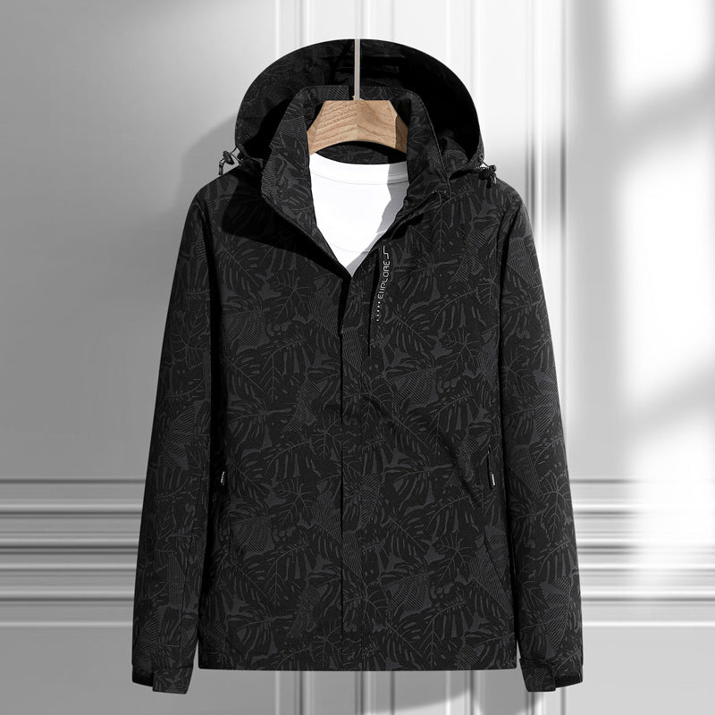 Black leaf-print hooded rain & wind jacket, zip-front raincoat style