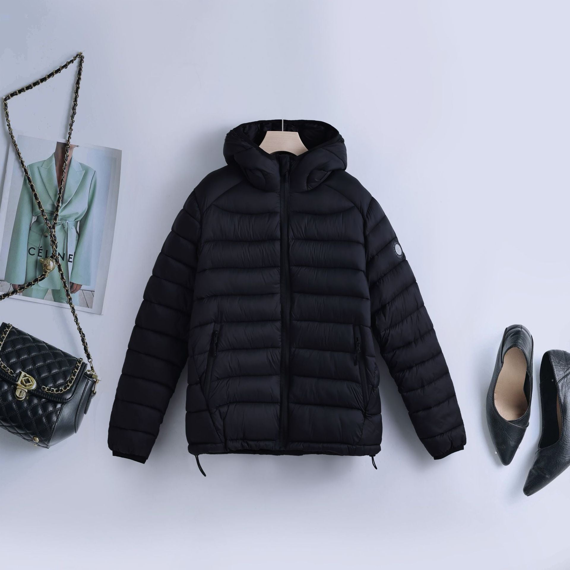 Ultralight quilted hooded jacket, black, full-zip with side zip pockets