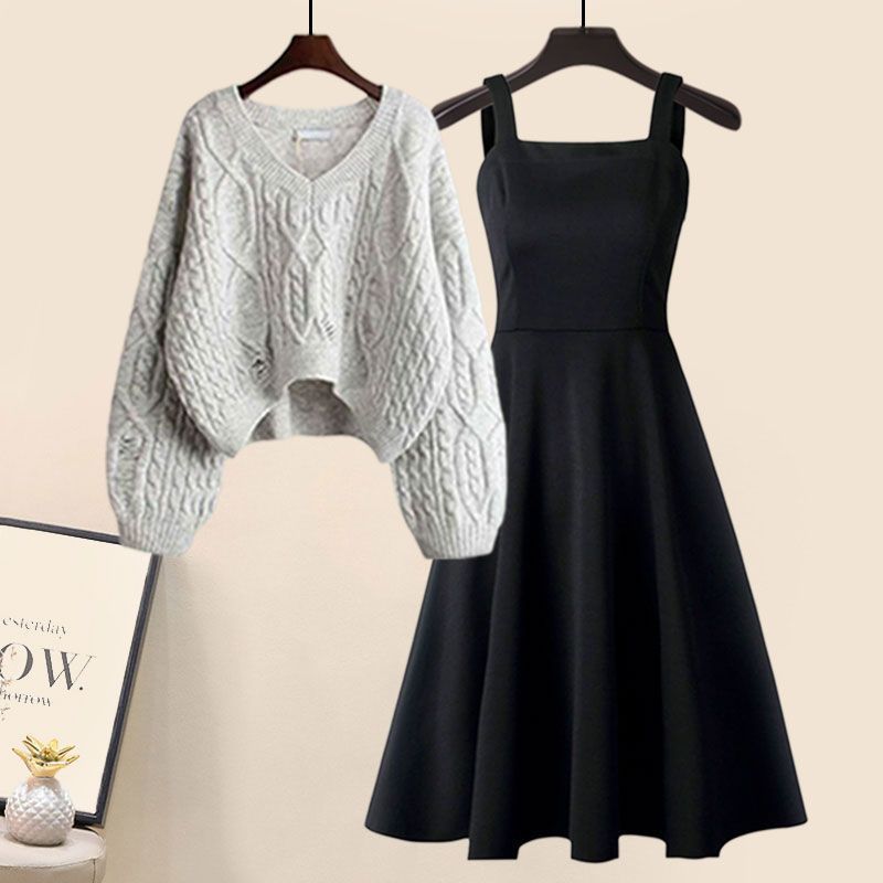 Two-piece set: gray cable V-neck knit sweater and black fishtail skirt