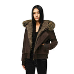 Brown short bomber jacket with oversized fur-trim hood and zip front