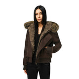 Brown short bomber jacket with oversized fur-trim hood and zip front