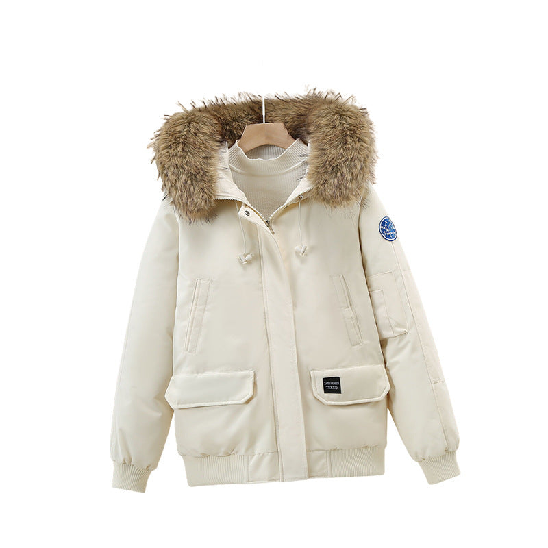 Offwhite padded bomber jacket with faux-fur hood and front zip, flap pockets