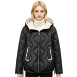 Black quilted short jacket with hood, heart stitching, zip front and vertical pocket details.