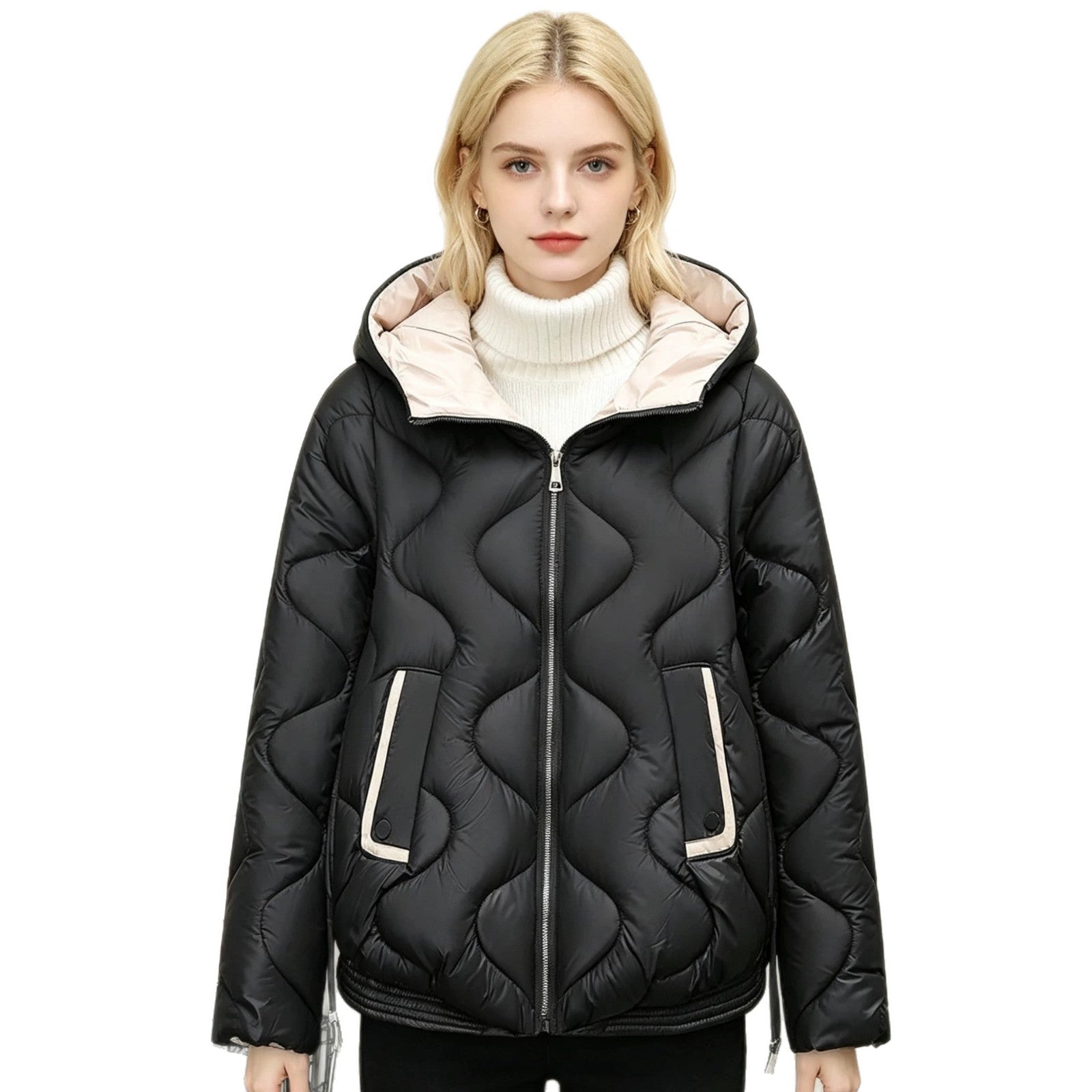 Black quilted short jacket with hood, heart stitching, zip front and vertical pocket details.