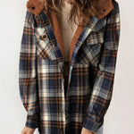 AMELIA™ plaid flannel hooded jacket in brown and navy checks, sherpa-lined hood.