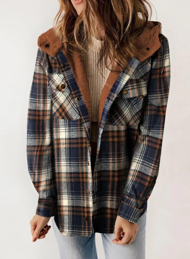 AMELIA™ plaid flannel hooded jacket in brown and navy checks, sherpa-lined hood.
