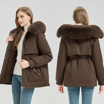 Short parka coat in brown with faux fur hood trim and drawstring waist detail