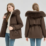 Short parka coat in brown with faux fur hood trim and drawstring waist detail