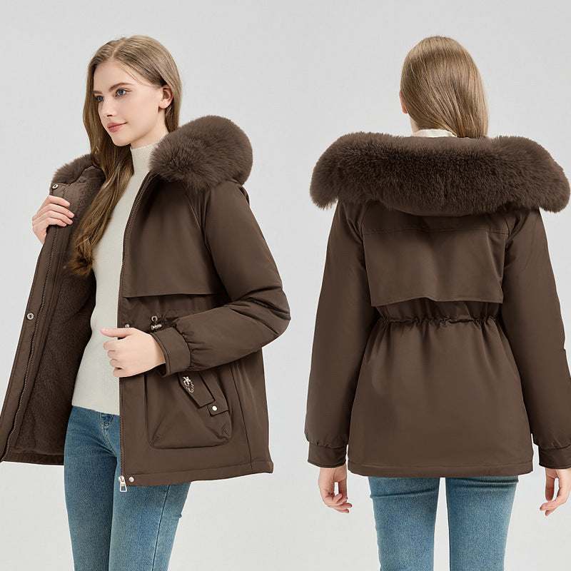 Short parka coat in brown with faux fur hood trim and drawstring waist detail