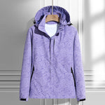 Lightweight rain jacket with hood, leaf print, front zipper, lavender with dark trim