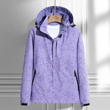Lightweight rain jacket with hood, leaf print, front zipper, lavender with dark trim